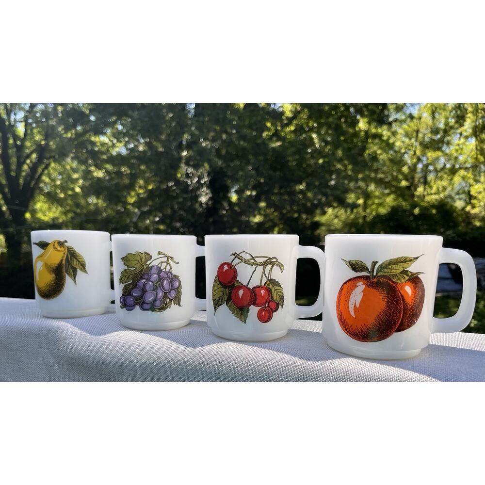 Vintage Glasbake Set of 4 Milk Glass Fruit Mugs Orange Pear Grape Cherry Kitchen